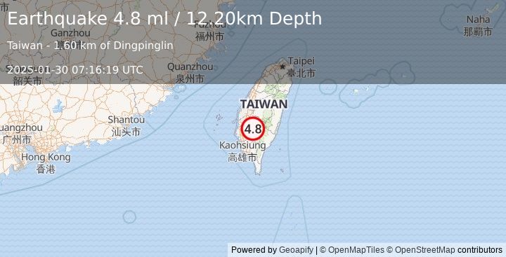 Earthquake TAIWAN (4.8 ml) (2025-01-30 07:16:19 UTC)