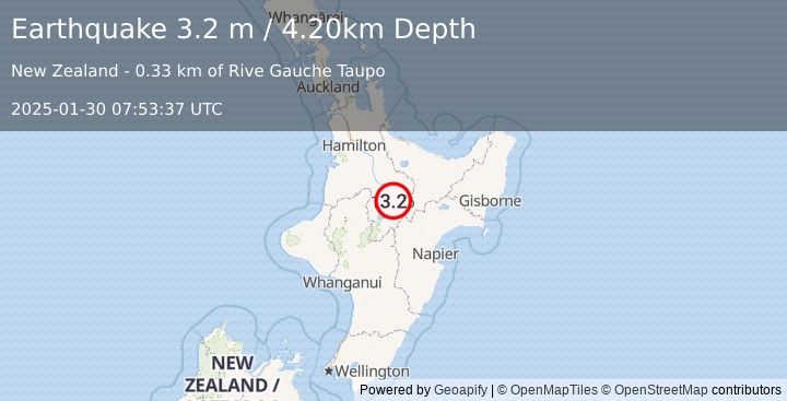 Earthquake NORTH ISLAND OF NEW ZEALAND (3.2 m) (2025-01-30 07:53:37 UTC)