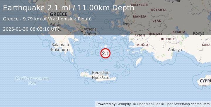 Earthquake DODECANESE ISLANDS, GREECE (2.1 ml) (2025-01-30 08:03:10 UTC)