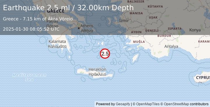 Earthquake DODECANESE ISLANDS, GREECE (2.5 ml) (2025-01-30 08:05:52 UTC)