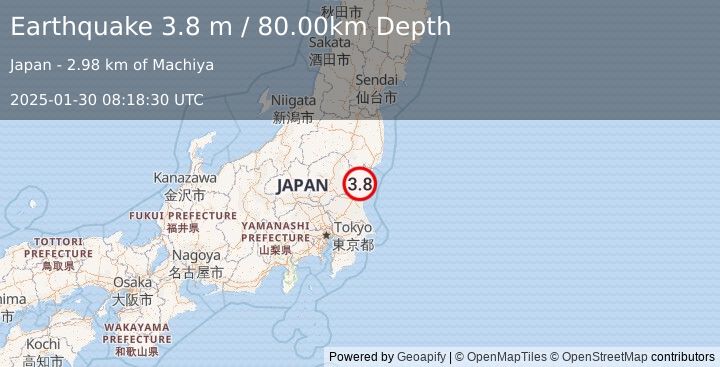 Earthquake NEAR EAST COAST OF HONSHU, JAPAN (3.8 m) (2025-01-30 08:18:30 UTC)