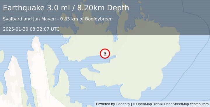 Earthquake SVALBARD REGION (3.0 ml) (2025-01-30 08:32:07 UTC)