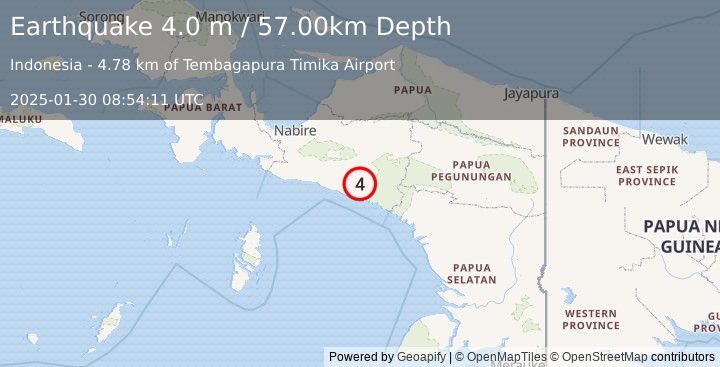 Earthquake NEAR S COAST OF PAPUA, INDONESIA (4.0 m) (2025-01-30 08:54:11 UTC)