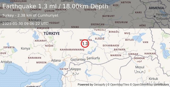 Earthquake EASTERN TURKEY (1.3 ml) (2025-01-30 09:06:22 UTC)