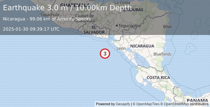 Earthquake NEAR COAST OF NICARAGUA (3.0 m) (2025-01-30 09:39:17 UTC)