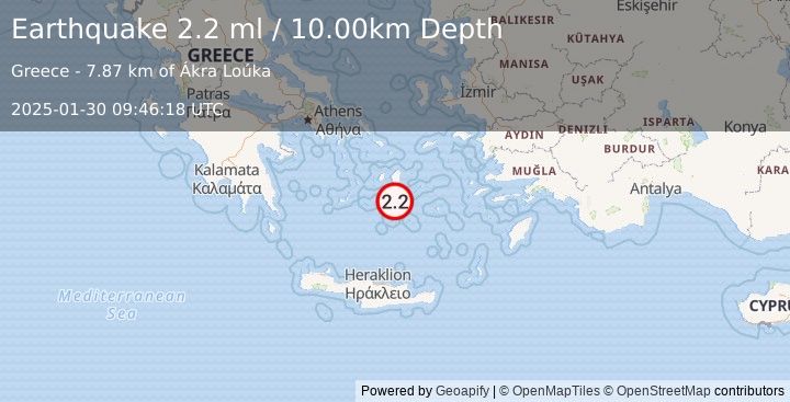 Earthquake DODECANESE ISLANDS, GREECE (2.2 ml) (2025-01-30 09:46:18 UTC)