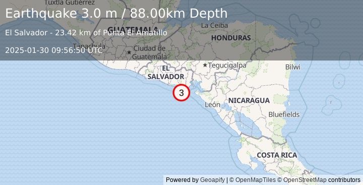 Earthquake OFFSHORE EL SALVADOR (3.0 m) (2025-01-30 09:56:50 UTC)