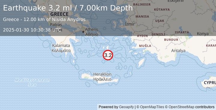 Earthquake DODECANESE ISLANDS, GREECE (3.2 ml) (2025-01-30 10:30:38 UTC)