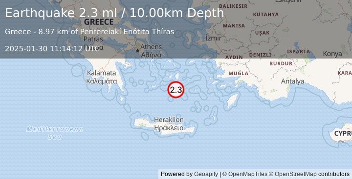 Earthquake DODECANESE ISLANDS, GREECE (2.3 ml) (2025-01-30 11:14:12 UTC)