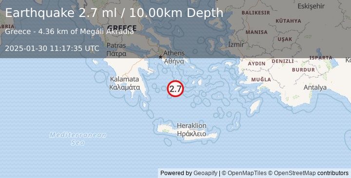 Earthquake SOUTHERN GREECE (2.7 ml) (2025-01-30 11:17:35 UTC)