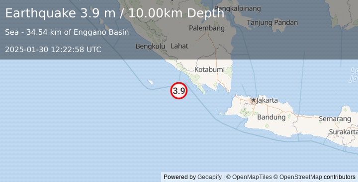 Earthquake SOUTHERN SUMATRA, INDONESIA (3.9 m) (2025-01-30 12:22:58 UTC)