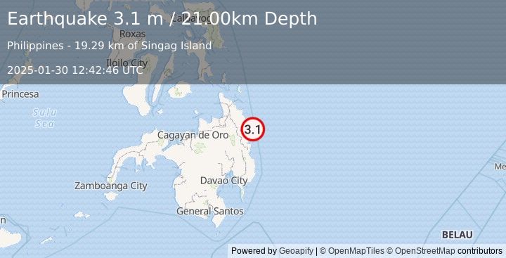 Earthquake MINDANAO, PHILIPPINES (3.1 m) (2025-01-30 12:42:46 UTC)