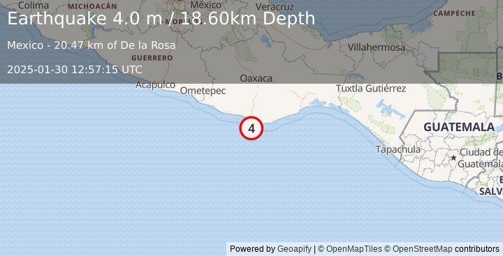 Earthquake OFFSHORE OAXACA, MEXICO (4.0 m) (2025-01-30 12:57:15 UTC)