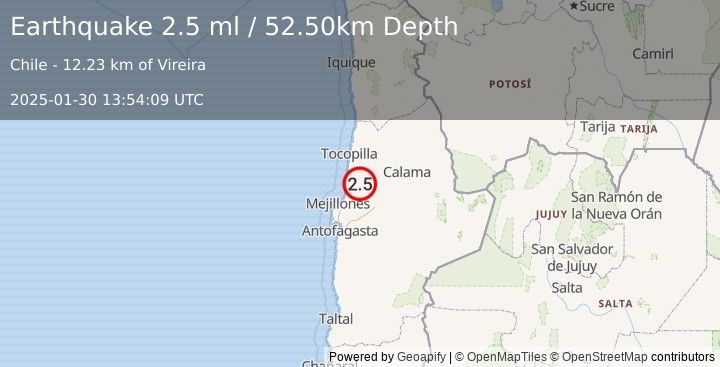 Earthquake ANTOFAGASTA, CHILE (2.5 ml) (2025-01-30 13:54:09 UTC)