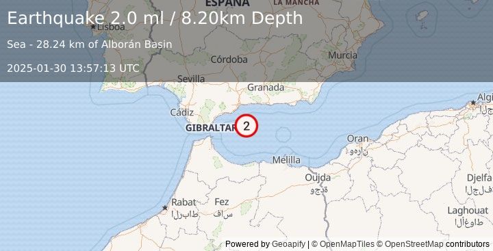 Earthquake STRAIT OF GIBRALTAR (2.0 ml) (2025-01-30 13:57:13 UTC)