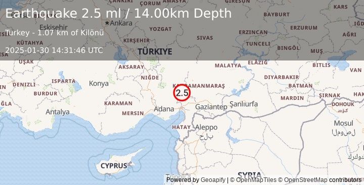 Earthquake CENTRAL TURKEY (2.5 ml) (2025-01-30 14:31:46 UTC)