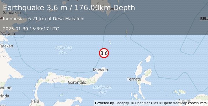 Earthquake KEPULAUAN SANGIHE, INDONESIA (3.6 m) (2025-01-30 15:39:17 UTC)