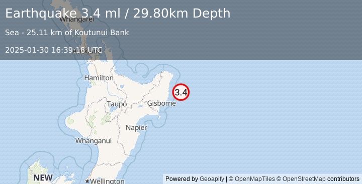 Earthquake OFF E. COAST OF N. ISLAND, N.Z. (3.4 ml) (2025-01-30 16:39:18 UTC)