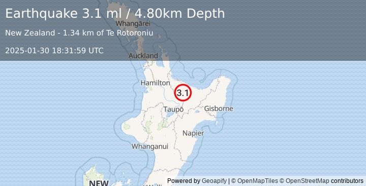 Earthquake NORTH ISLAND OF NEW ZEALAND (3.1 ml) (2025-01-30 18:31:59 UTC)