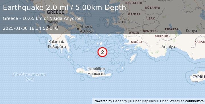 Earthquake DODECANESE ISLANDS, GREECE (2.0 ml) (2025-01-30 18:34:52 UTC)