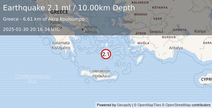 Earthquake DODECANESE ISLANDS, GREECE (2.1 ml) (2025-01-30 20:16:34 UTC)