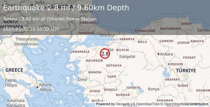 Earthquake WESTERN TURKEY (2.8 ml) (2025-01-30 20:55:32 UTC)