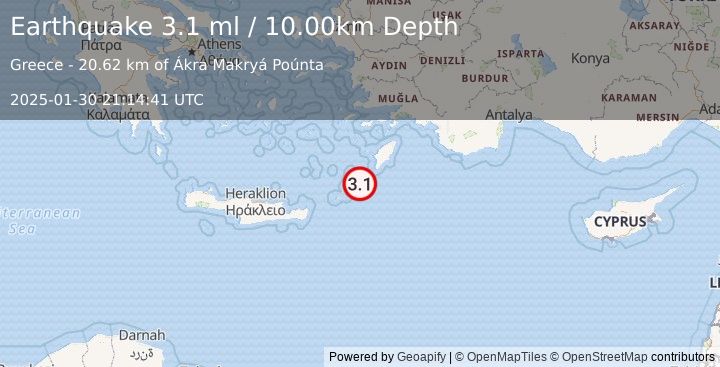 Earthquake DODECANESE ISLANDS, GREECE (3.1 ml) (2025-01-30 21:14:41 UTC)