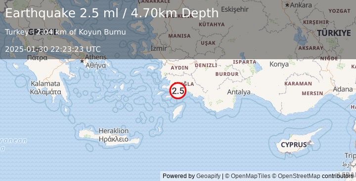 Earthquake DODECANESE IS.-TURKEY BORDER REG (2.5 ml) (2025-01-30 22:23:23 UTC)