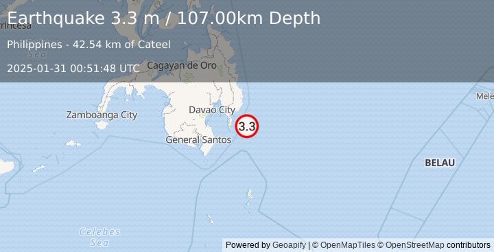 Earthquake MINDANAO, PHILIPPINES (3.3 m) (2025-01-31 00:51:48 UTC)