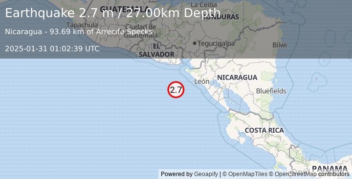 Earthquake NEAR COAST OF NICARAGUA (2.7 m) (2025-01-31 01:02:39 UTC)