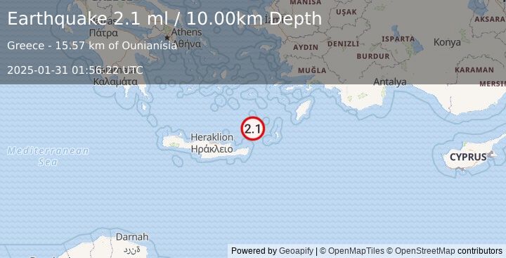 Earthquake CRETE, GREECE (2.1 ml) (2025-01-31 01:56:22 UTC)