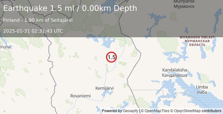 Earthquake FINLAND (1.5 ml) (2025-01-31 02:31:43 UTC)