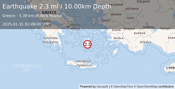 Earthquake DODECANESE ISLANDS, GREECE (2.3 ml) (2025-01-31 02:49:00 UTC)