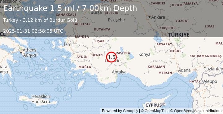 Earthquake WESTERN TURKEY (1.5 ml) (2025-01-31 02:58:05 UTC)