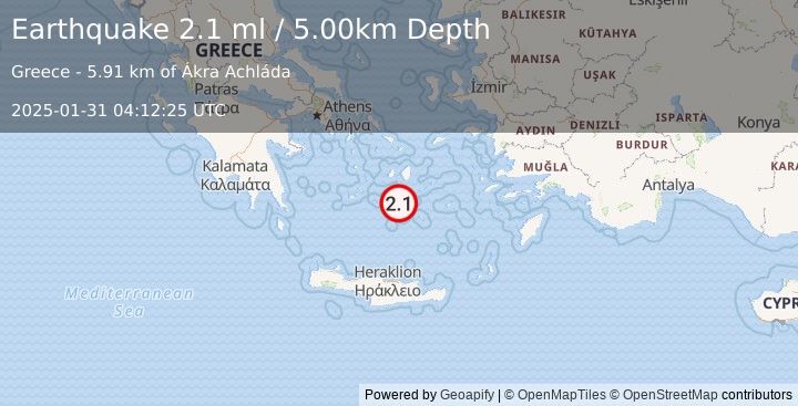 Earthquake DODECANESE ISLANDS, GREECE (2.1 ml) (2025-01-31 04:12:25 UTC)