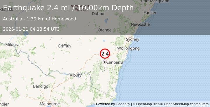 Earthquake NEW SOUTH WALES, AUSTRALIA (2.4 ml) (2025-01-31 04:13:54 UTC)