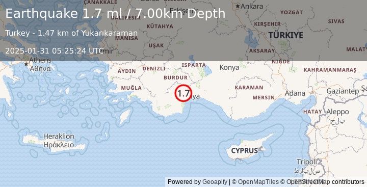 Earthquake WESTERN TURKEY (1.7 ml) (2025-01-31 05:25:24 UTC)