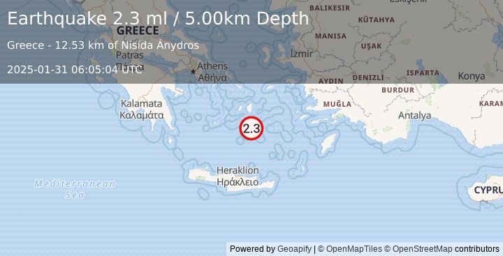 Earthquake DODECANESE ISLANDS, GREECE (2.3 ml) (2025-01-31 06:05:04 UTC)