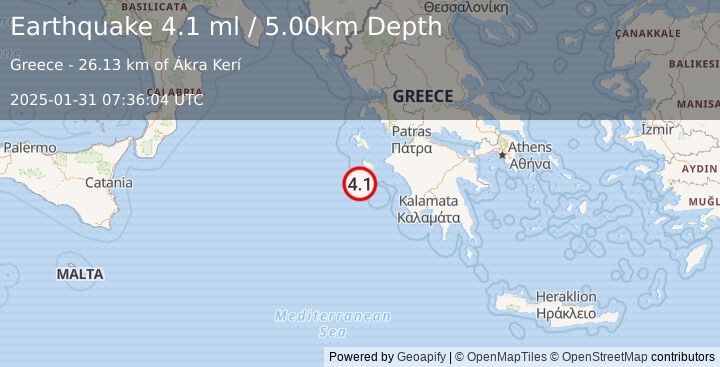 Earthquake IONIAN SEA (4.1 ml) (2025-01-31 07:36:04 UTC)