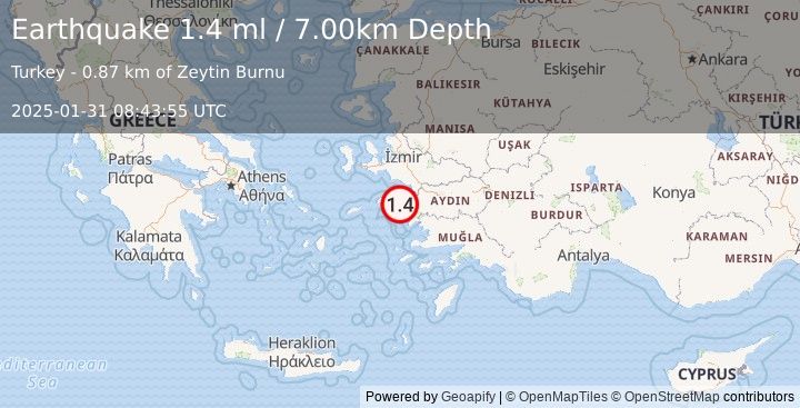 Earthquake WESTERN TURKEY (1.4 ml) (2025-01-31 08:43:55 UTC)