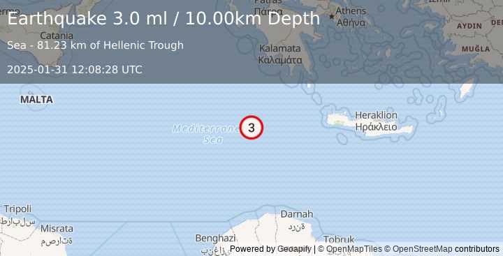 Earthquake CENTRAL MEDITERRANEAN SEA (3.0 ml) (2025-01-31 12:08:28 UTC)