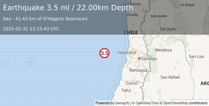 Earthquake OFF COAST OF VALPARAISO, CHILE (3.5 ml) (2025-01-31 13:15:43 UTC)