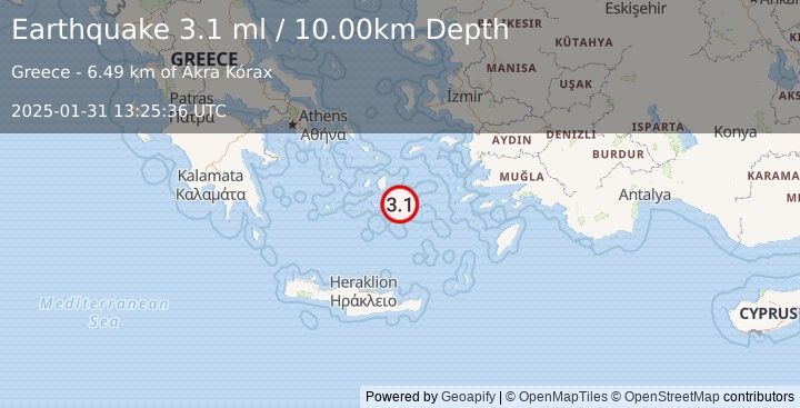 Earthquake DODECANESE ISLANDS, GREECE (3.1 ml) (2025-01-31 13:25:36 UTC)