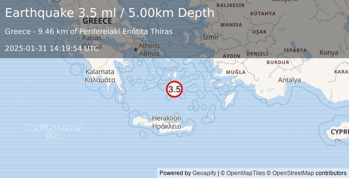 Earthquake DODECANESE ISLANDS, GREECE (3.5 ml) (2025-01-31 14:19:54 UTC)