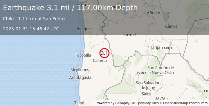 Earthquake ANTOFAGASTA, CHILE (3.1 ml) (2025-01-31 15:46:42 UTC)