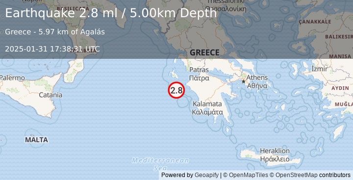 Earthquake IONIAN SEA (2.8 ml) (2025-01-31 17:38:31 UTC)