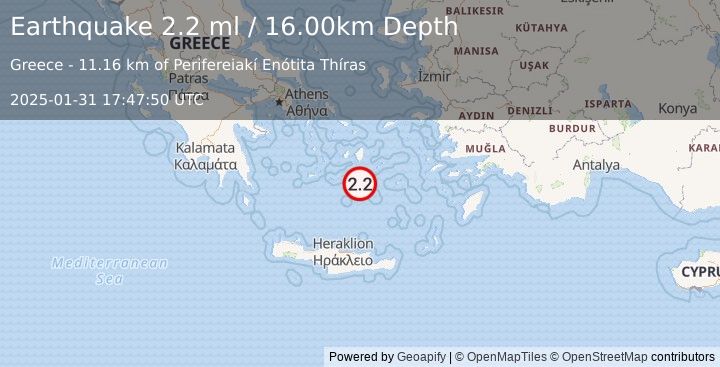 Earthquake DODECANESE ISLANDS, GREECE (2.2 ml) (2025-01-31 17:47:50 UTC)