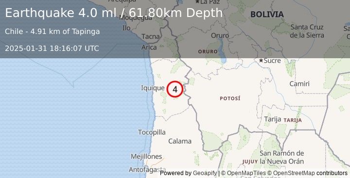 Earthquake TARAPACA, CHILE (4.0 ml) (2025-01-31 18:16:07 UTC)