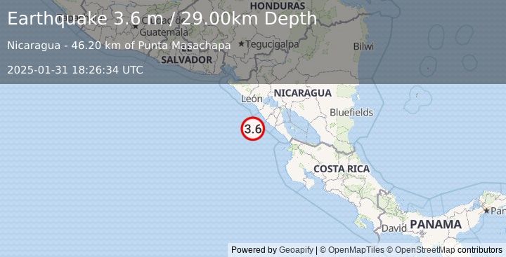 Earthquake NEAR COAST OF NICARAGUA (3.6 m) (2025-01-31 18:26:34 UTC)