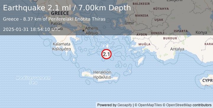 Earthquake DODECANESE ISLANDS, GREECE (2.1 ml) (2025-01-31 18:54:10 UTC)